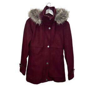 Kenneth Cole Burgundy Wool Blend Faux Fur Hooded Coat Size XS